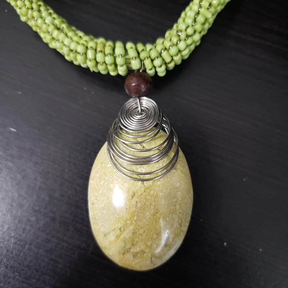 Large Yellow & Green Marble Palm Stone Wrapped in Wire w/beads and cord detail